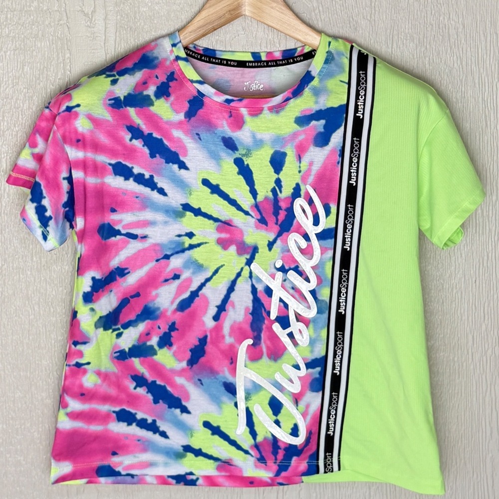 Justice Y2K Sport Girls Size L 12/14 Tie Dye Neon Green Active T-Shirt Logo